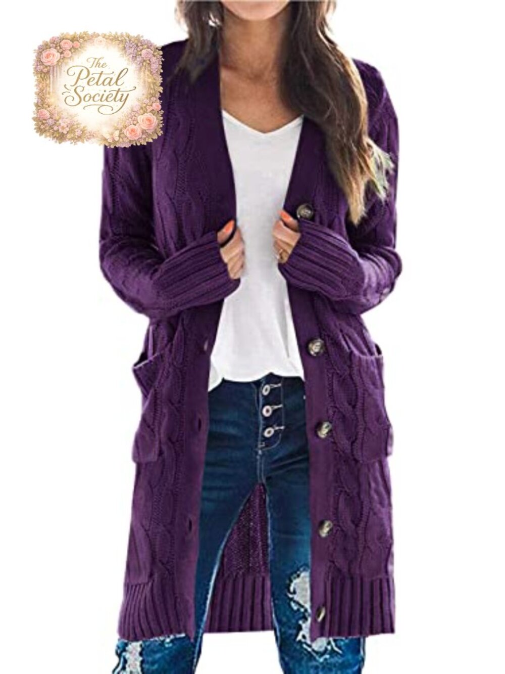 Cable Knit Button Down Long Cardigan Sweater with Pockets